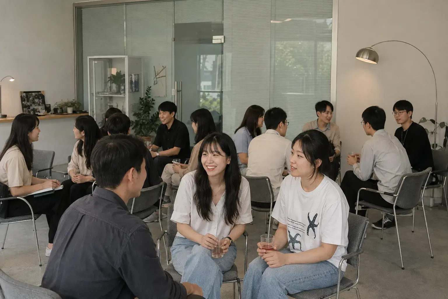 공개 강연에서 참가자들이 서로 이야기를 나누는 모습